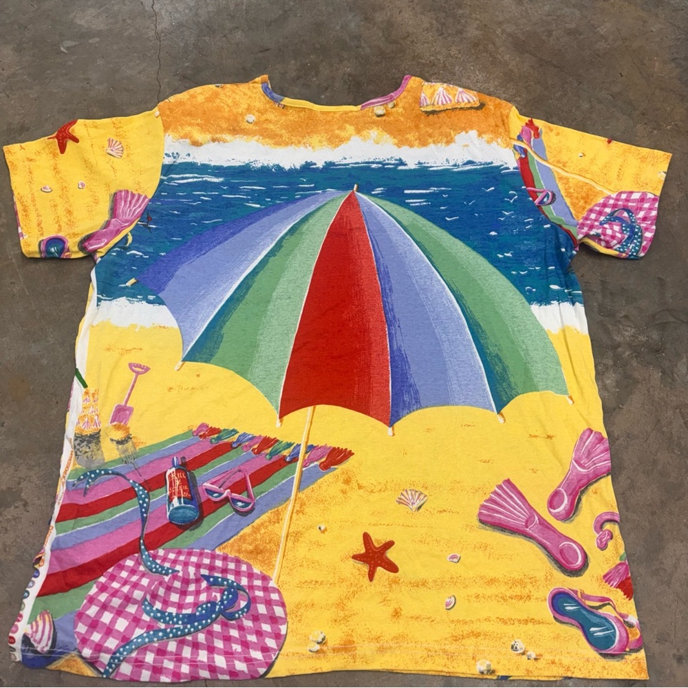 Vintage 90s YS Sport Beach Umbrella All Over Print T Shirt Made in USA 2X Large - Picture 5 of 6